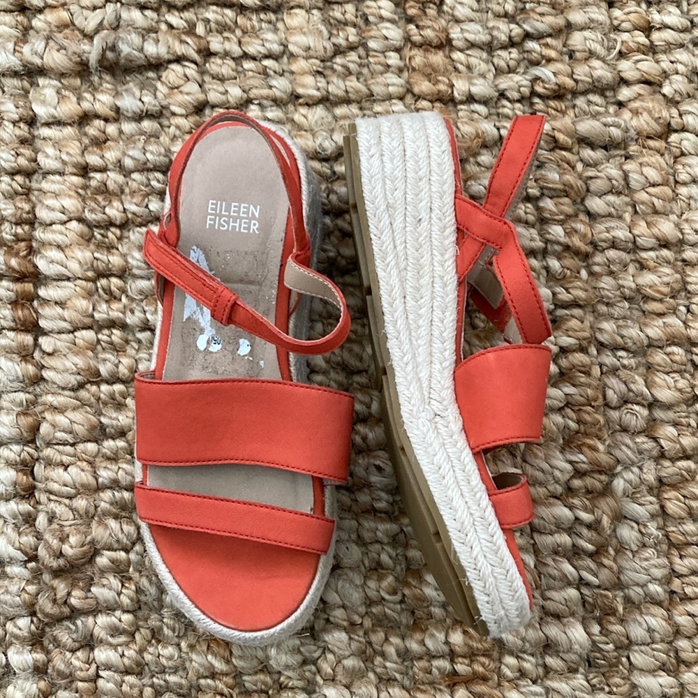 Eileen Fisher Devi Espadrille Strappy Leather Platform Shoe Womens Size 5 Orange